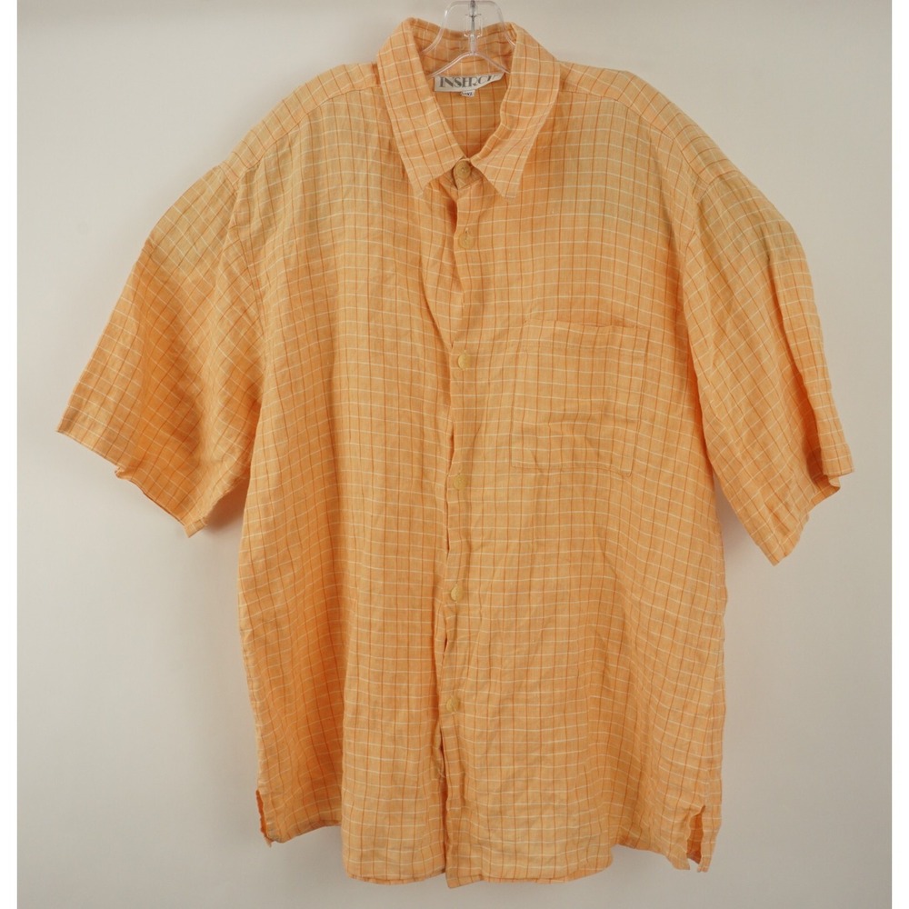 INSERCH Linen Men's 2XL Short Sleeve Orange White Checked Button Up Pocket Shirt